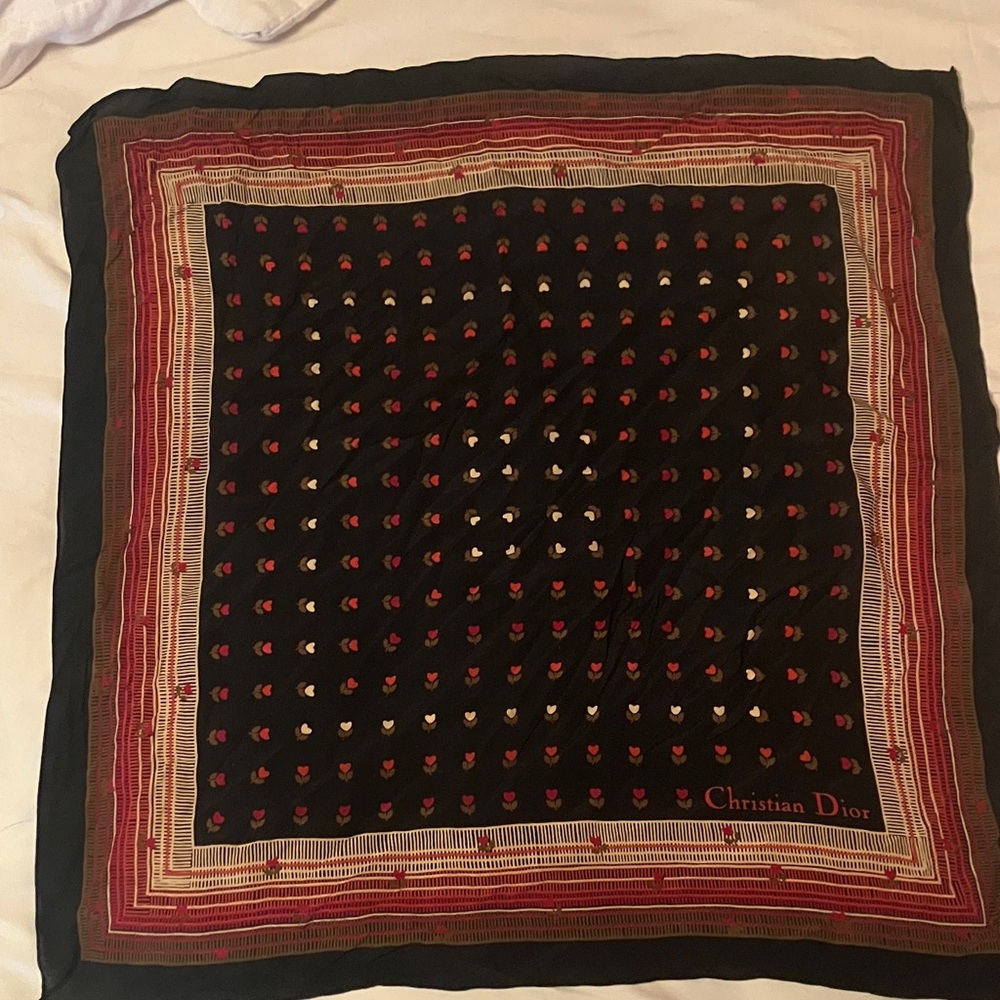 Christian Dior Small Black Silk Chiffon Scarf with Red & Cream Heart Motif